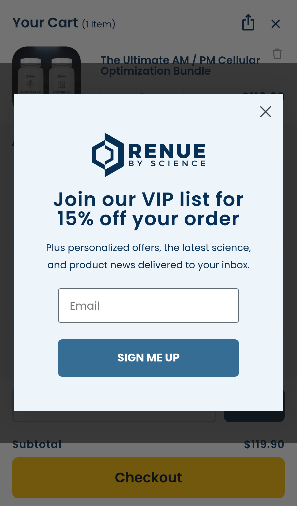 VIP popup covering the mobile cart after add to cart