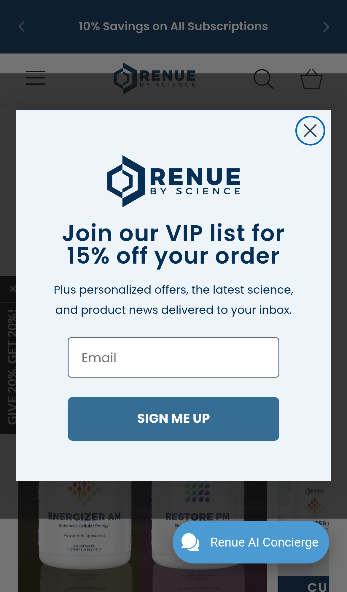 VIP 15% popup covering the mobile PDP on load
