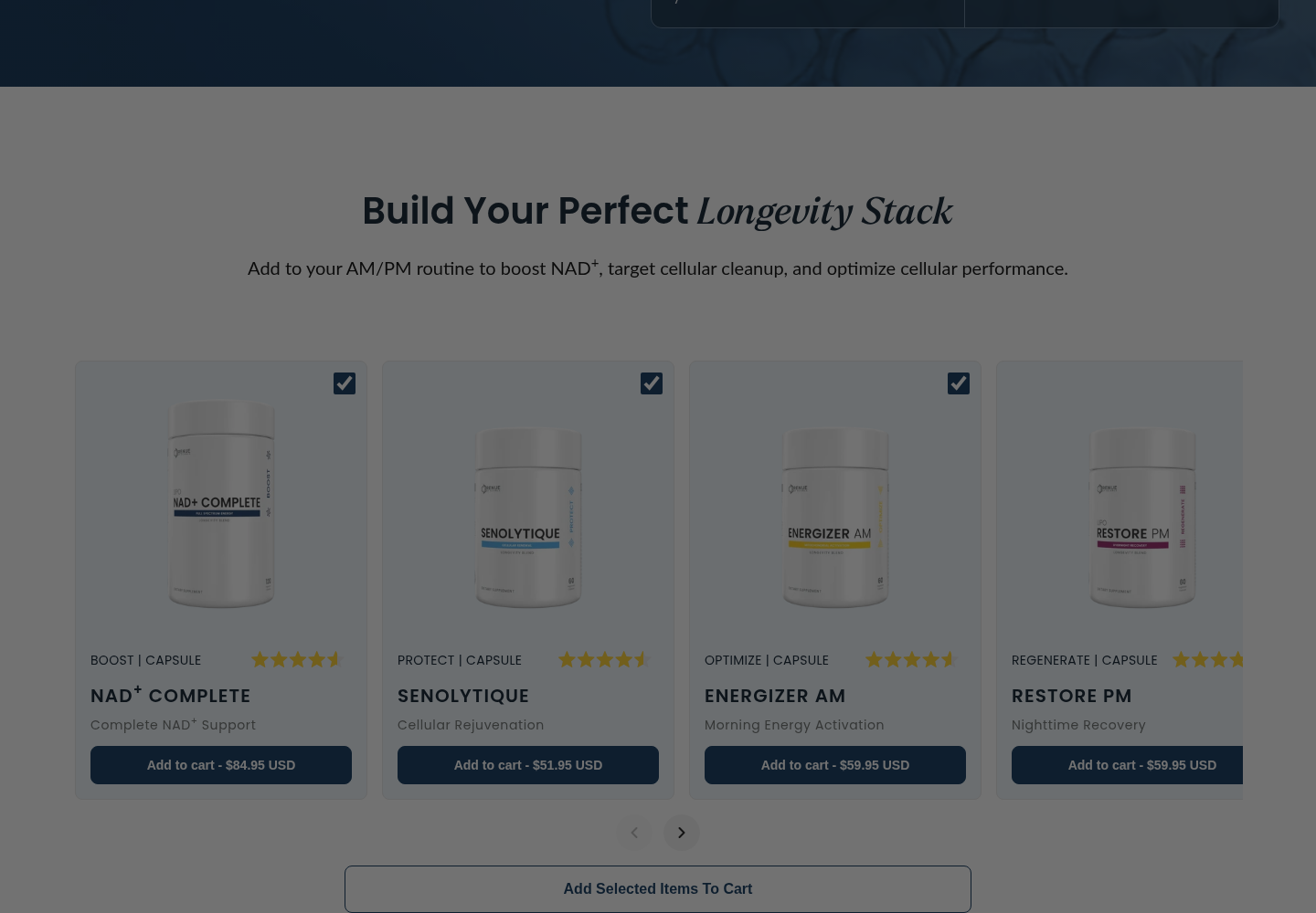 Build Your Perfect Longevity Stack with AM and PM pre-checked